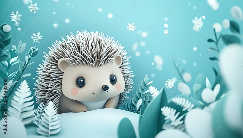 Obraz premium 3D illustration of a cute hedgehog, surrounded by white and green plants on a blue background 