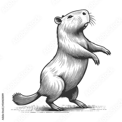 Dancing Capybara sketch engraving generative ai fictional character vector illustration. Scratch board imitation. Black and white image.