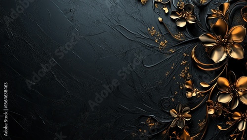 3D render, abstract black background with a golden floral ornament on the right side, banner design