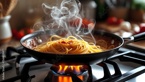 Spaghetti in a pan on gas stove with flames visible, dramatic cooking moment