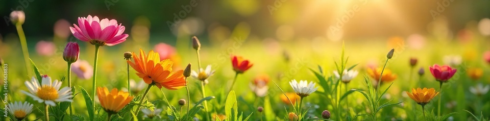 Obraz premium Spring Wildflowers Blooming in Sunlit Meadow, Vibrant Colors, Renewal and Growth