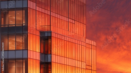 Modern Glass Building Reflecting Sunset Colors in Urban Setting