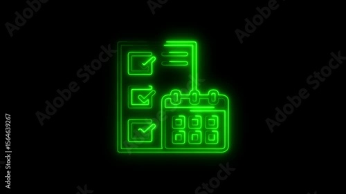 Green neon checklist and calendar animated illustration on a black background