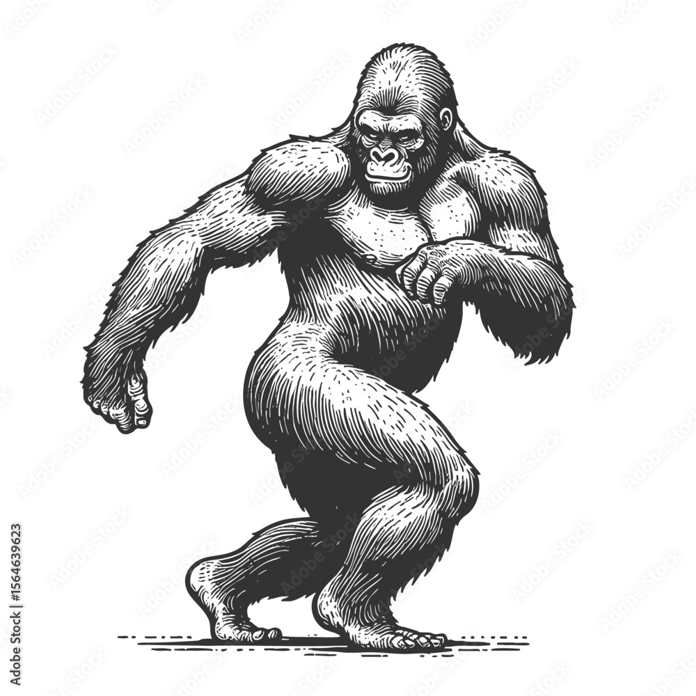 Fototapeta premium gorilla dancing sketch engraving generative ai fictional character vector illustration. Scratch board imitation. Black and white image.