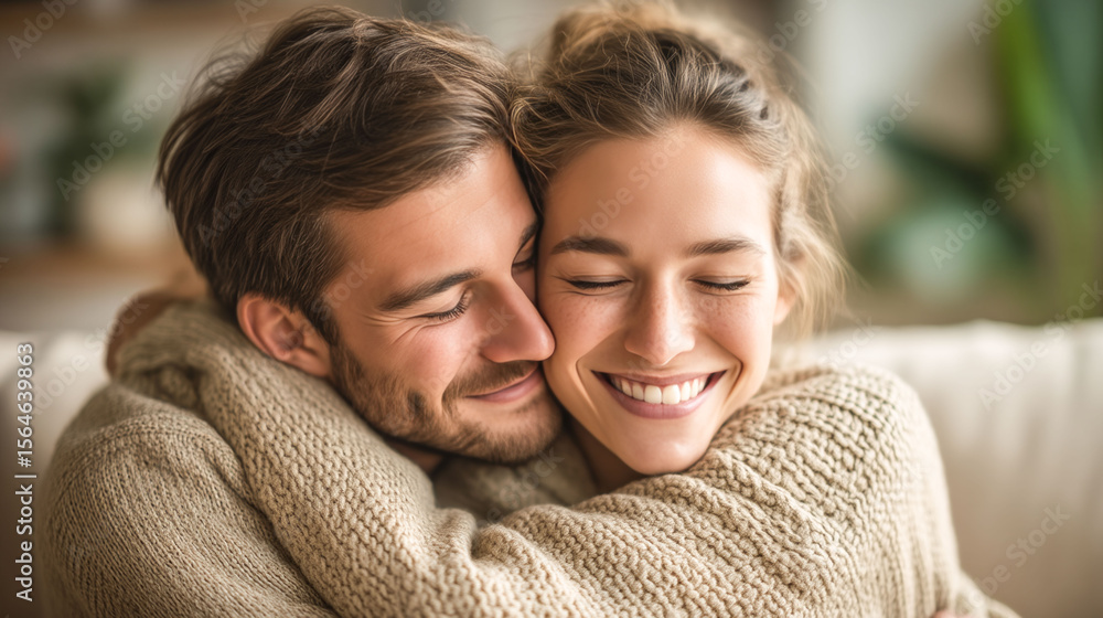 Obraz premium A man and a woman are hugging each other on a couch. They are both smiling and seem to be enjoying each other's company