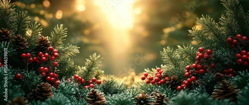 Evergreen branches with pine cones and red berries glow warmly in soft sunlight creating festive holiday decoration in nature winter branch scene full of cozy red berry and pine cone charm