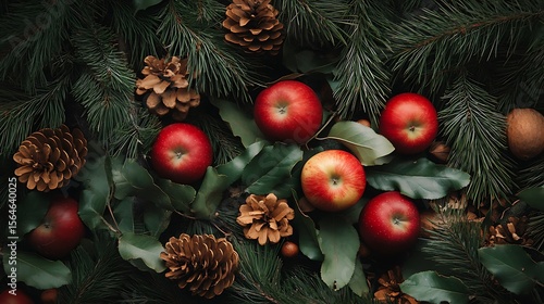 Festive red apples and pine cones nestled among evergreen boughs