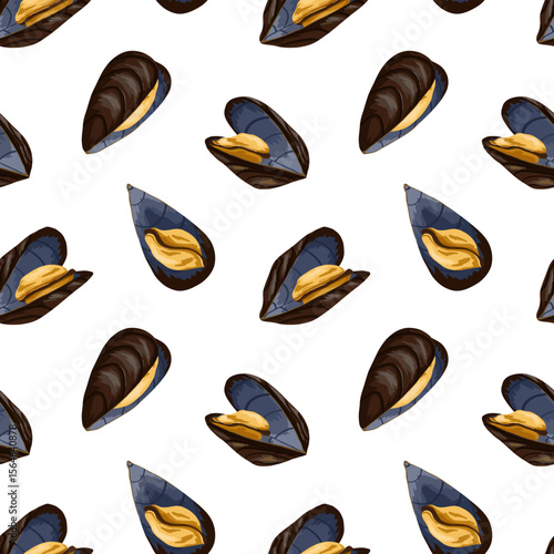 Seamless vector pattern featuring whole mussels in shell. Hand drawn vector illustration. Ideal for seafood menus, restaurant branding, gourmet packaging and food-related prints, kitchen decor