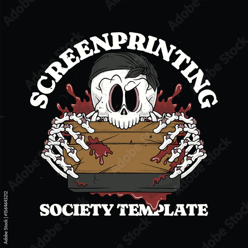 skeleton biting a screen printing squeegee retro cartoon emblem