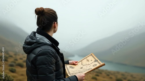 Young woman holding treasure map by misty river in the mountains  