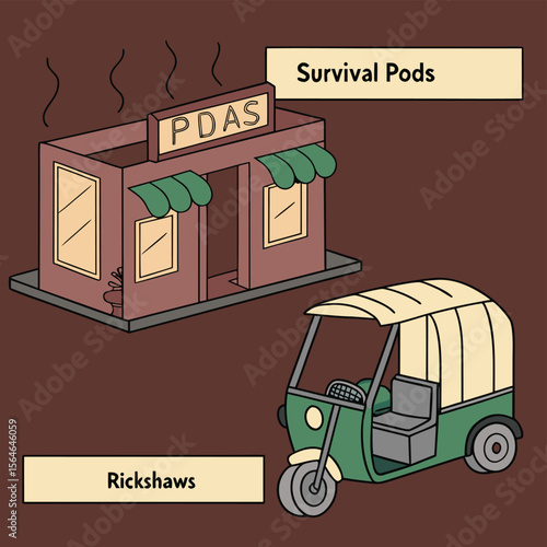 Illustration of a pda shop with awnings and a green rickshaw on a brown background scene