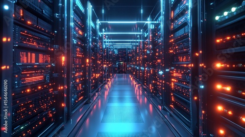 Futuristic Data Center Server Room with Glowing Lights and Reflections