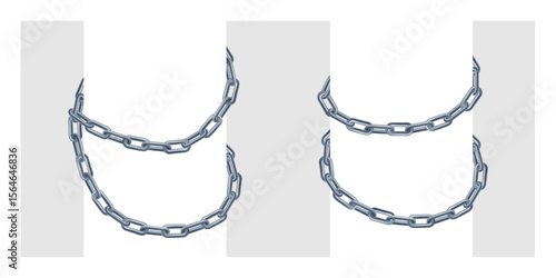 Chain wrapped around bondage, 3d silver jewelry bracelet necklace. Strong gray rings connected hanging on pillar. Locked round border for blocked content. Secret item, high risk closed concept.