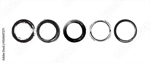 Japanese round brushstrokes. Vector Asian enso circles. Straight distress long lines set. Chinese black zen calligraphy elements. Abstract Buddhist border collection