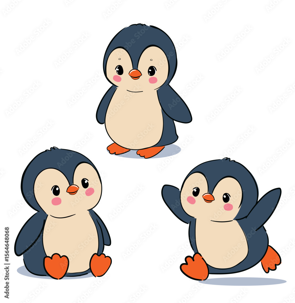 Fototapeta premium Cute Penguins Hand Drawn Vector Arctic Animals Isolated on White Background for Kids