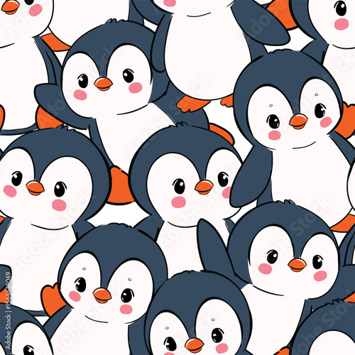 Seamless Vector Pattern with Cute Hand Drawn Penguins Winter Animal White Background for Kids and Baby Designs