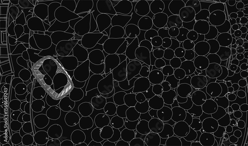 A woven basket overflows with fresh apples, oranges, and pears in a detailed black and white illustration. The neatly arranged fruit creates a symmetrical composition against a dark background