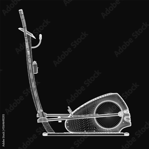 A 3D model blueprint of a stationary exercise bike on a black background, featuring detailed handlebars, pedals, and seat. Ideal for fitness, jogging, or machine design concepts.