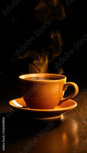 Close-up of a steaming brown tea cup on a speckled saucer. Warm lighting and soft steam stand out against a dark blurred background, creating a cozy and elegant atmosphere.

