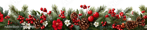 Winter garland design with seasonal plants, red berries and pinecones, for headers isolated on a Transparent background, PNG file.