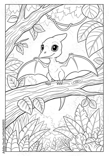a baby pterodactyl on a tree branch. coloring book