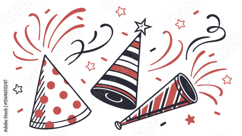 Flat Vector Silhouette Collection of New Year’s Eve Party Hats and Noise Makers with Confetti, Isolated on White Background for Celebration and Festive Designs