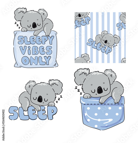 Set of hand drawn sleepy koalas in cute poses with text and patterns nursery vector collection