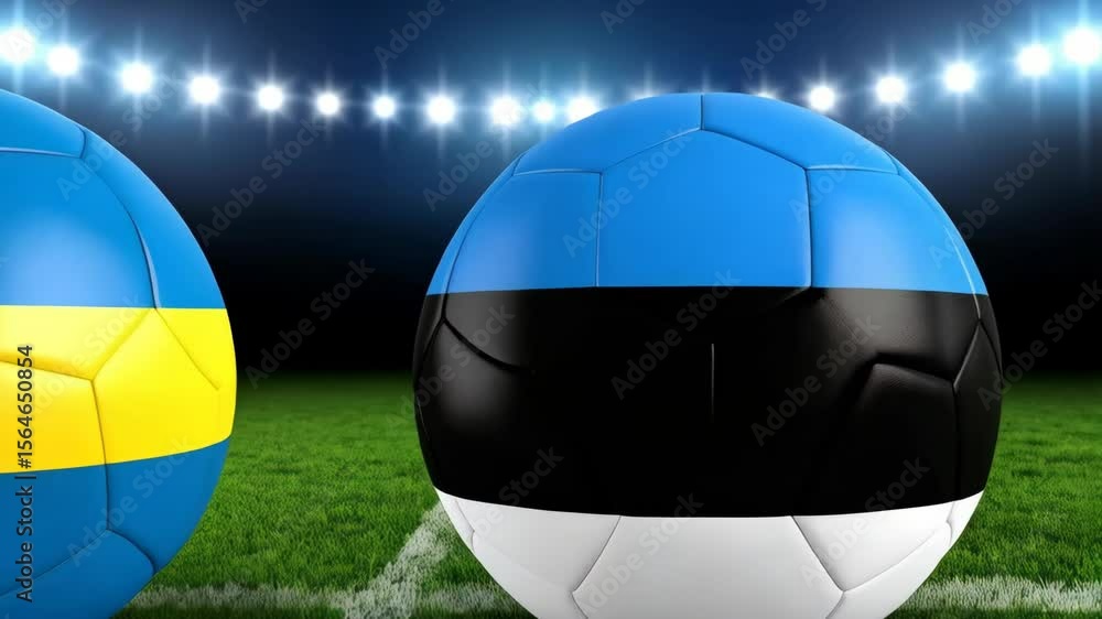 Soccer balls painted with the flags of Sweden and Estonia on a green lawn under bright stadium lights, preparing to face off