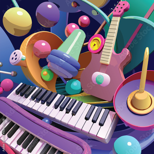 3D Melody Makers  Abstract Musical Elements and Instruments in Motion