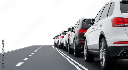 Row of Cars on Road, White Background, Perspective View, Automotive Industry, Transportation