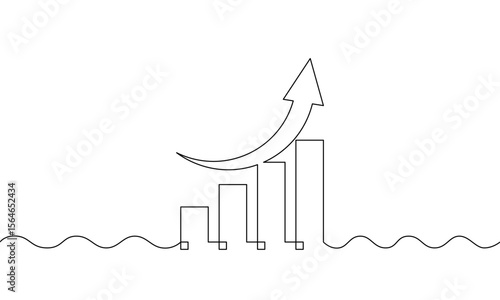 Continuous line drawing of graph with increasing arrow up. Illustration vector of bar chart sign symbol. Single line art of buiness growth. Flat icon of object one line 