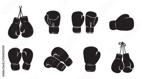 Set of black silhouette boxing gloves in various poses, isolated on white background, graphic illustration. concept of sports gear, fitness equipment, combat sport, icon, logo.