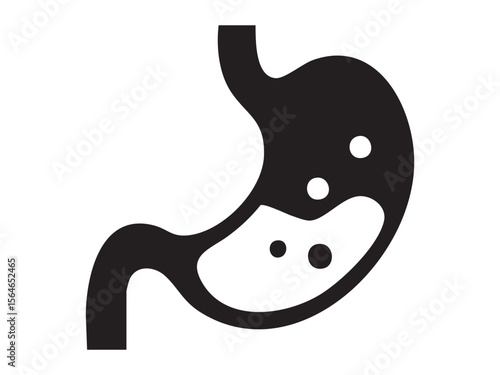 Black silhouette of human stomach organ with bubbles isolated on white background, graphic illustration. Concept of digestion, anatomy, gastrointestinal system, medicine, healthcare design element