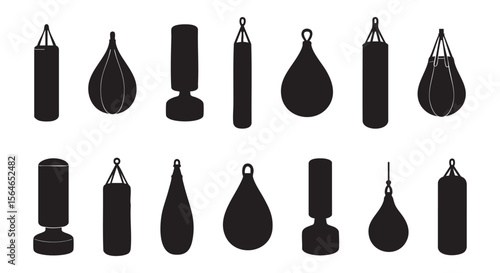 Silhouettes of various punching bags in different shapes, isolated on white background, graphic illustration. concept of fitness, boxing equipment, gym training, icon, design element