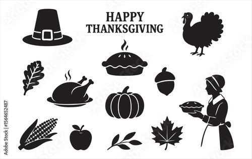 Happy thanksgiving set of black silhouettes featuring iconic holiday elements, isolated on white background. concept of autumn, gratitude, feast, decoration, festive icons