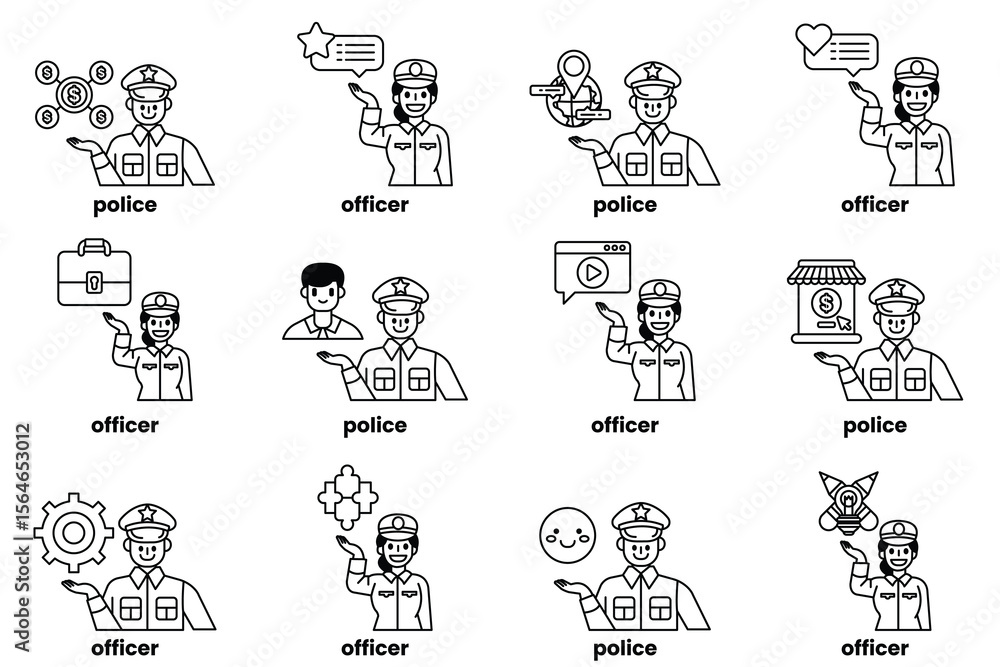 Naklejka premium Set of illustrations of police and things in line art style