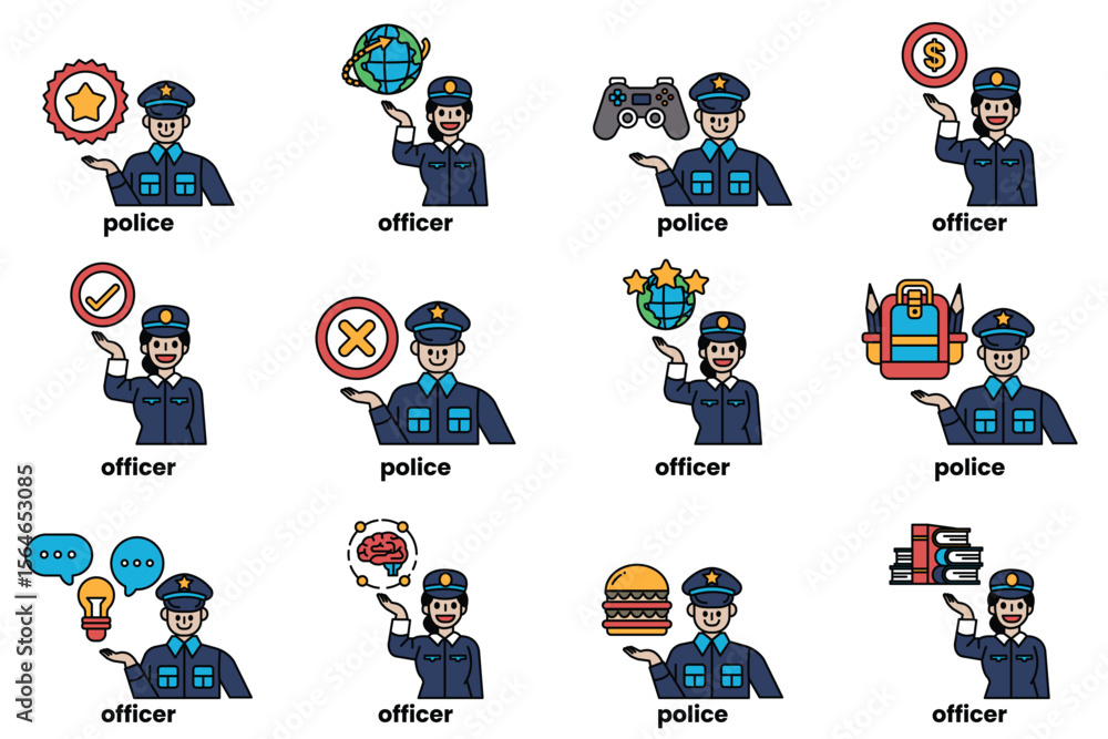 Fototapeta premium Set of illustrations of police and things in line art style