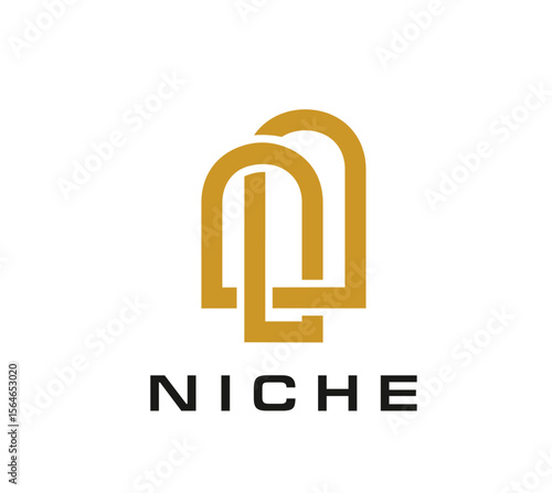 Niche arch icon with overlapping arched shapes forming abstract monogram. Vector modern archway, elegant gold and black emblem for premium architecture, interior design or luxury brand identity