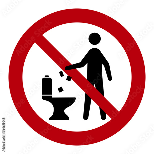 Do not throw trash in toilet prohibition sign. Vector sign for promoting plumbing safety, and waste management in public and private restrooms