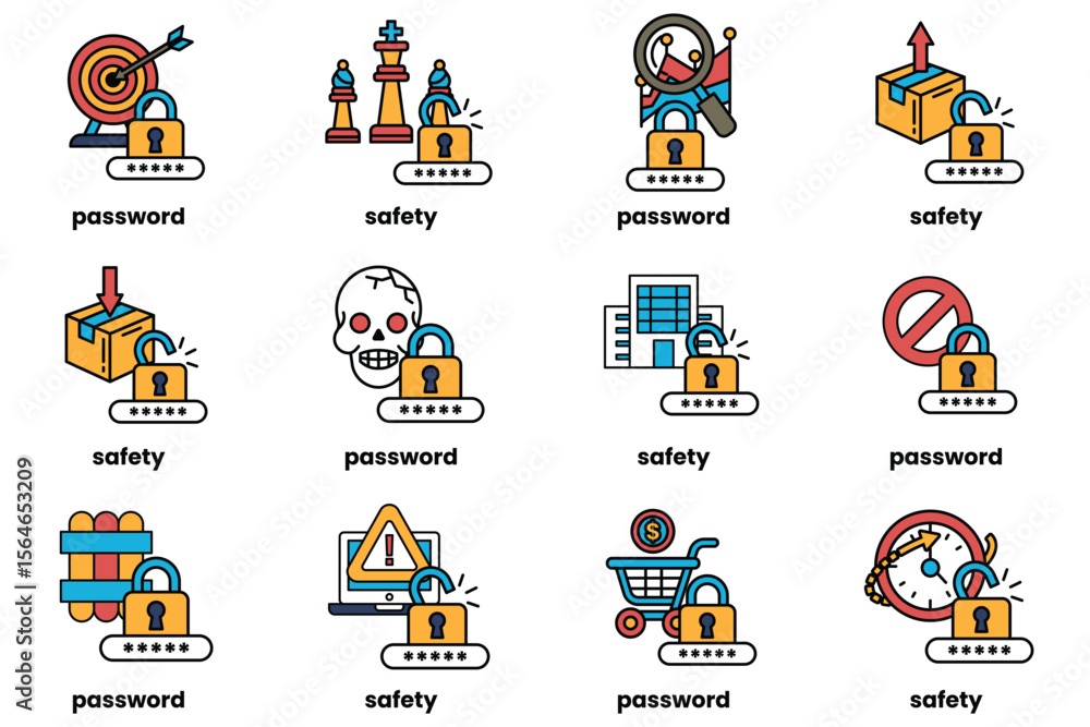 Fototapeta premium Set of illustrations of Password keys and stuff in line art style