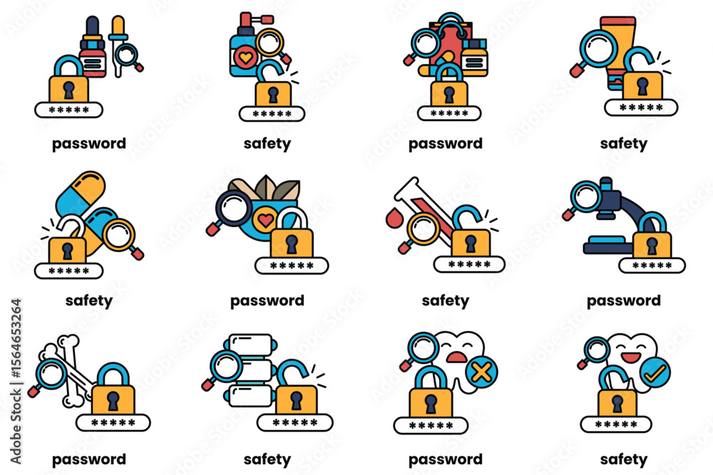 Obraz premium Set of illustrations of Password keys and stuff in line art style