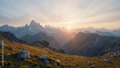 Majestic Sunset Over the Dramatic Alpine Mountains and Rolling Hills