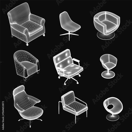 Six 3D wireframe chairs arranged symmetrically on a black background, each with a unique modern design. The sleek white outlines contrast sharply against the dark backdrop, creating a minimalist.
