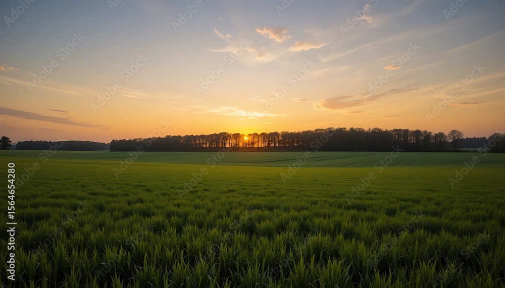 Fototapeta premium Serene Sunset Over Lush Green Field and Silhouetted Trees