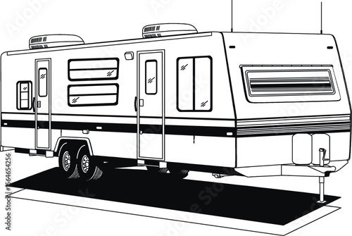 RV, travel trailer, camper, motor home, line art, black and white, illustration, recreational vehicle, fifth wheel, van camper, vintage RV 9
