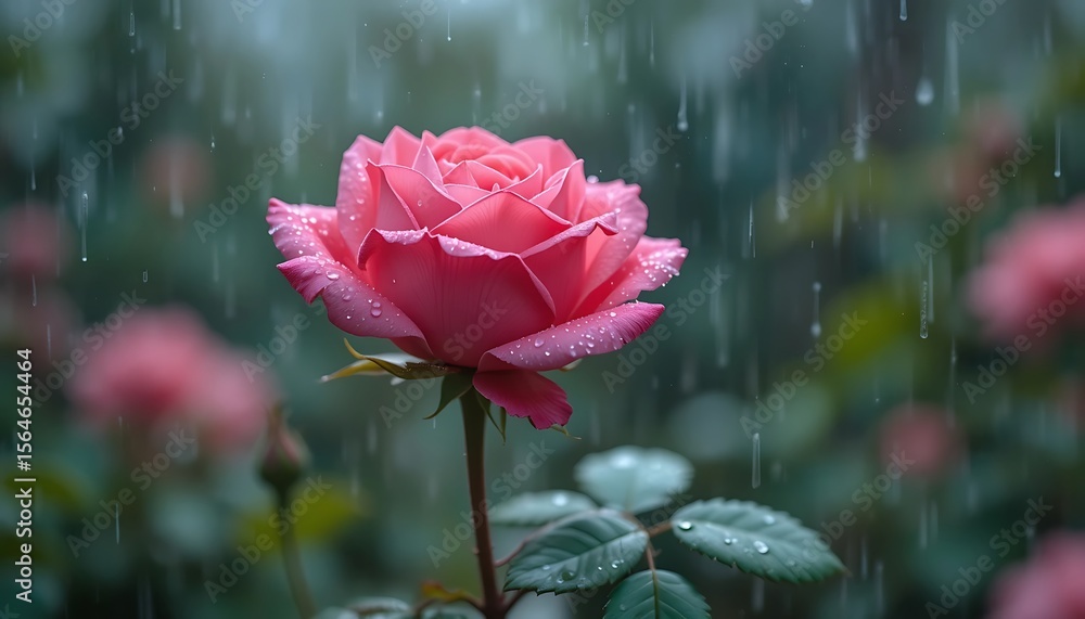 Obraz premium Pink Rose in the Rain, Romantic Garden Flower Photography, Beautiful Nature Image, Rainy Day Bloom
