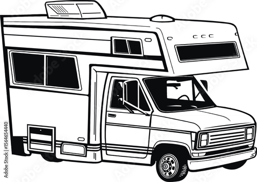 RV, travel trailer, camper, motor home, line art, black and white, illustration, recreational vehicle, fifth wheel, van camper, vintage RV02