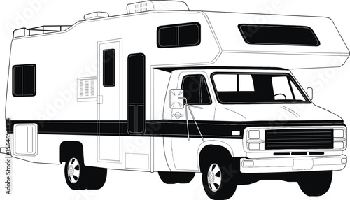 RV, travel trailer, camper, motor home, line art, black and white, illustration, recreational vehicle, fifth wheel, van camper, vintage RV 1