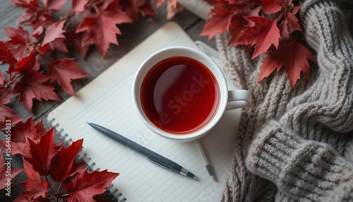Cozy Autumn Still Life: Red Leaves, Warm Knit Sweater, Tea and Notebook