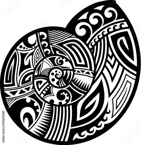 Snail shell Maori tribal animal tattoo. Vector black and white Polynesian ethnic motif. Samoan, New Zealand culture tribe sign, isolated Hawaiian warrior symbol. Traditional pacific island print